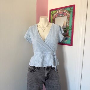 Style Envy Light Blue Eyelet Wrap Peplum Blouse